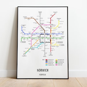 Norwich Norfolk Underground Style Transport Street Map Print Poster A3 A4 Modern GIFT Art image 1