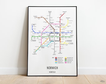 Norwich, Norfolk Customisable underground style metro Map Print – Modern Transport Street Map Wall Art Gift