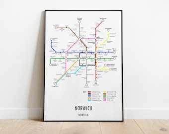 Norwich Norfolk Underground Style Transport Street Map Print Poster A3 A4 Modern GIFT Art