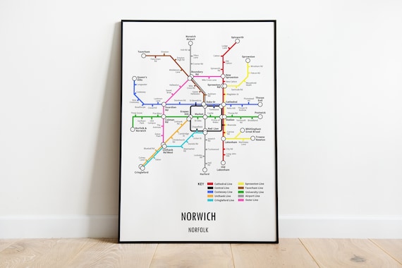 Norwich Norfolk Underground Style Transport Street Map Print 