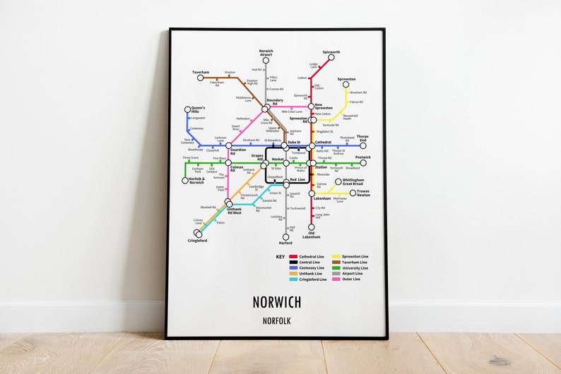 Norwich Norfolk Underground Style Transport Street Map Print Poster A3 A4 Modern GIFT Art image 1