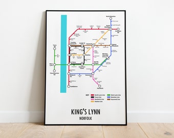 Impresión de mapa de metro personalizable de King's Lynn Norfolk: regalo de arte mural con mapa callejero de transporte moderno