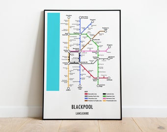 Blackpool, Lancashire Customisable underground style metro Map Print – Modern Transport Street Map Wall Art Gift