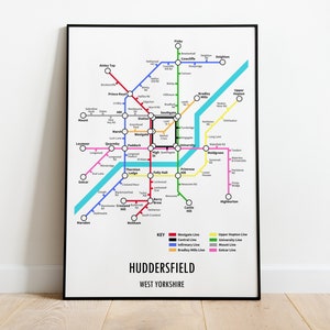 Huddersfield West Yorkshire Underground Style Transport Street Map Print Poster A3 A4 Modern