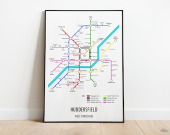 Huddersfield West Yorkshire Underground Style Transport Street Map Print Poster A3 A4 Modern
