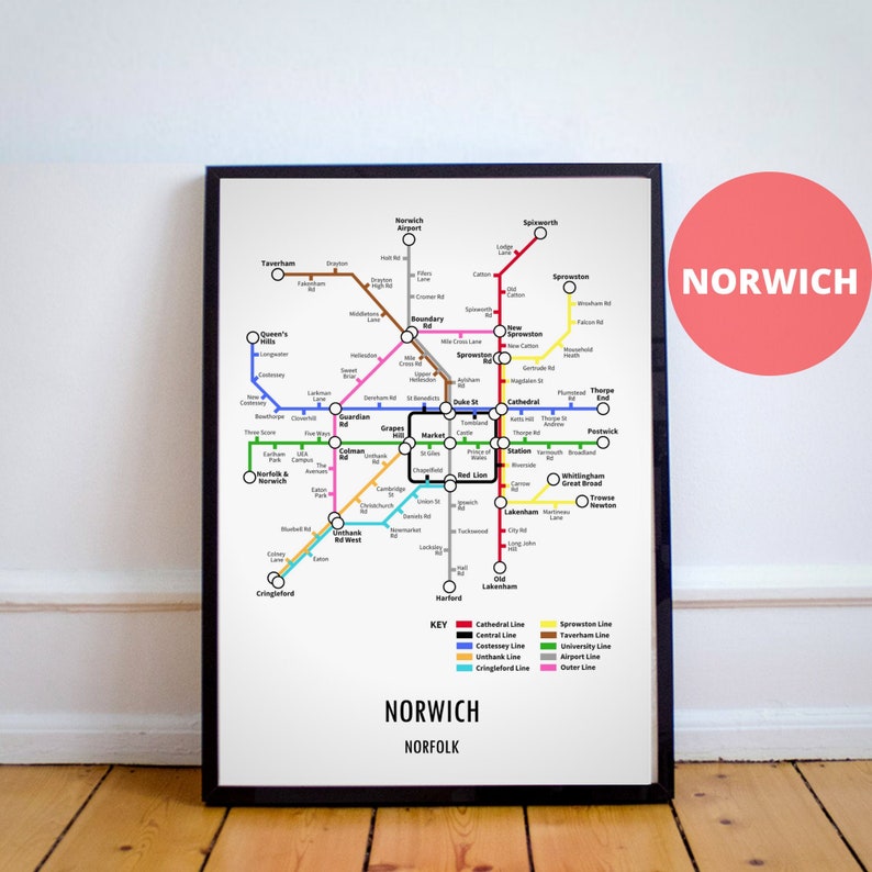 Norwich Norfolk Underground Style Transport Street Map Print Poster A3 A4 Modern GIFT Art image 3