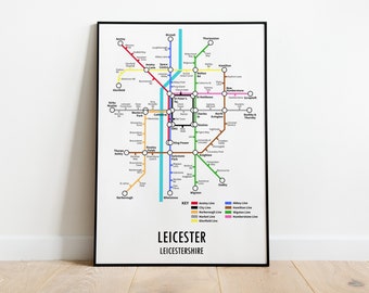 Impresión del mapa del metro de Leicester, estilo moderno, arte mural personalizable
