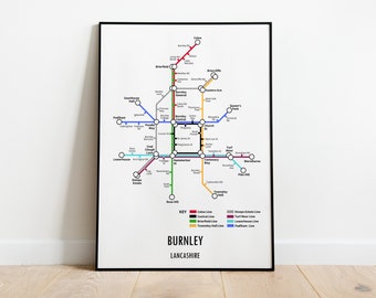 Impresión de mapa de metro personalizable de Burnley, Lancashire North West: mapa de transporte moderno, arte mural, regalo