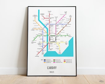 Cardiff, Wales Customisable underground style metro Map Print – Modern Transport Street Map Wall Art Gift