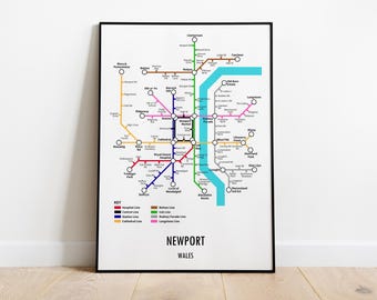 Impresión del mapa del metro de Newport Wales, arte mural moderno de estilo subterráneo