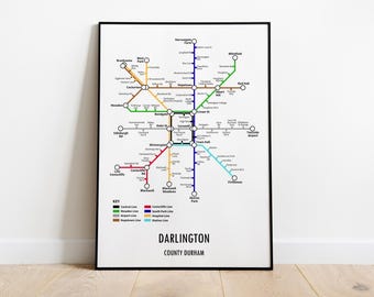 Mapa del metro de Darlington, condado de Durham, personalizable con estilo subterráneo – Mapa moderno de transporte urbano para pared (regalo ideal)