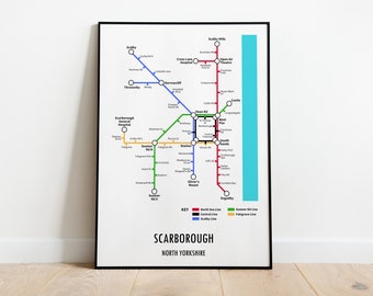 Impresión de mapa de metro personalizable de Scarborough, North Yorkshire: regalo de arte mural con mapa callejero de transporte moderno