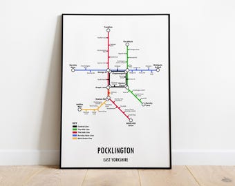 Impresión de mapa de metro personalizable de Pocklington, East Yorkshire: regalo de arte mural con mapa callejero de transporte moderno