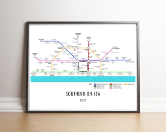 Southend on Sea, Essex Customisable underground style metro Map Print – Modern Transport Street Map Wall Art Gift