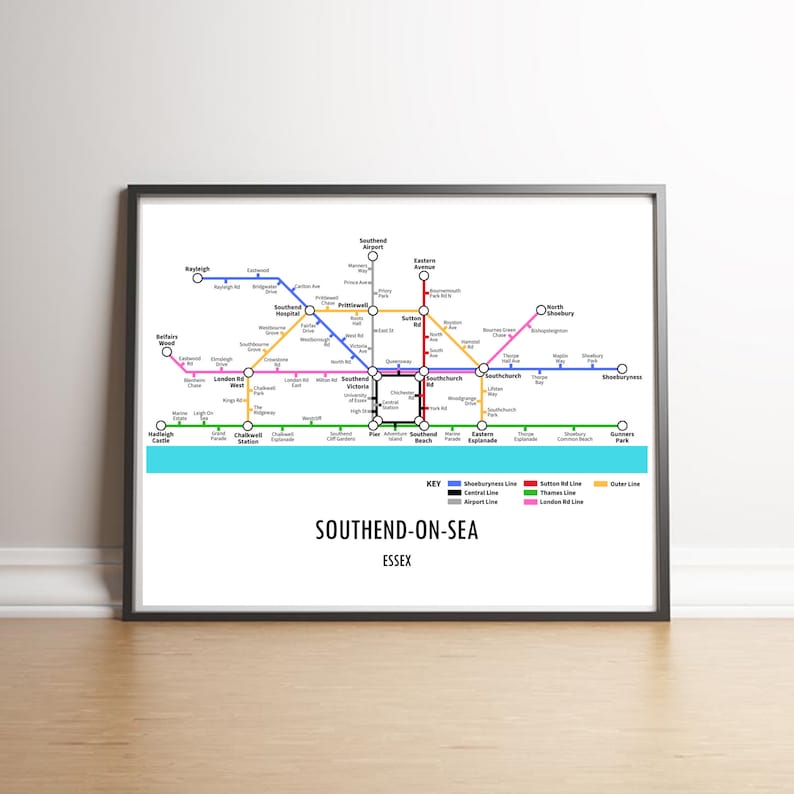 Southend On Sea Essex Underground Style Transport Street Map Print Poster A3 A4 Modern GIFT Art image 1