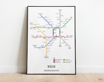 Impresión de mapa de metro personalizable de Wigan, Gran Manchester: regalo de arte mural con mapa de transporte moderno