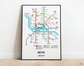 Bristol, South West Customisable underground style metro Map Print – Modern Transport Street Map Wall Art Gift