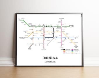 Cottingham East Yorkshire Underground Style Transport Street Map Print Poster A3 A4 Modern GIFT Art