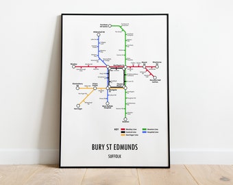 Impresión de mapa de metro personalizable de Bury St Edmunds, Suffolk: regalo de arte mural con mapa callejero de transporte moderno