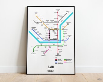 Bath, Somerset Customisable underground style metro Map Print – Modern Transport Street Map Wall Art Gift