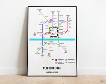Impresión de mapa de metro personalizable de Peterborough, Cambridgeshire: regalo de arte mural con mapa callejero de transporte moderno