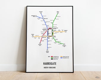 Impresión del mapa del metro de Harrogate, estilo moderno, arte mural personalizable