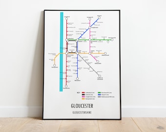 Gloucester, Gloucestershire Customisable underground style metro Map Print – Modern Transport Street Map Wall Art Gift