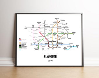 Impresión de mapa de metro personalizable de Plymouth, Devon: regalo de arte mural con mapa callejero de transporte moderno