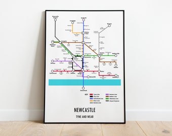 Newcastle Underground Style Transport Street Map Print Poster A3 A4 Modern GIFT