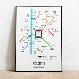 May include: A subway map of Worcester, Worcestershire, with lines in blue, green, yellow, and red. The map is titled "Worcester, Worcestershire".