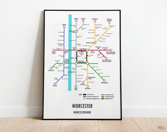 Worcester Worcestershire Underground Style Transport Street Map Print Poster A3 A4 Modern GIFT Art