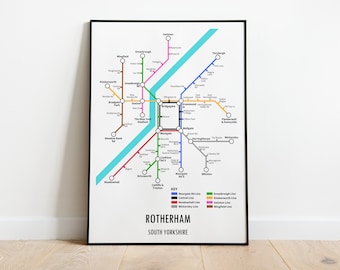 Rotherham South Yorkshire Underground Style Transport Street Map Print Poster A3 A4 Modern