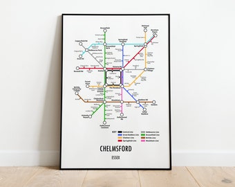 Impresión de mapa de metro personalizable de Chelmsford, Essex: regalo de arte mural con mapa callejero de transporte moderno