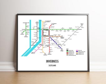 Impresión de mapa de metro personalizable de Inverness, Escocia: regalo de arte mural con mapa callejero de transporte moderno