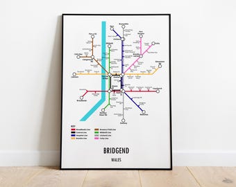 Bridgend Wales Metro Map Print, Modern Underground Style Wall Art