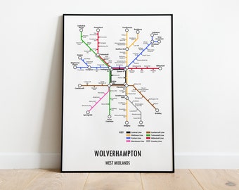 Impresión de mapa de metro personalizable de Wolverhampton, West Midlands: regalo de arte mural con mapa callejero de transporte moderno