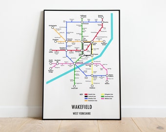 Wakefield West Yorkshire Underground Style Transport Street Map Print Poster A3 A4 Modern GIFT Art