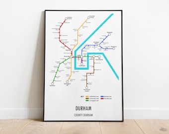 Durham Metro Map Print, Modern Underground Style Wall Art