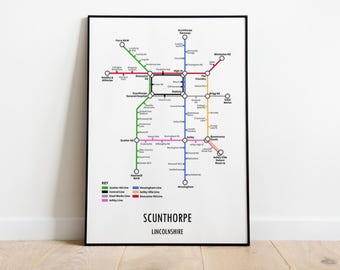 Impresión del mapa del metro de Scunthorpe, Lincolnshire, arte mural moderno
