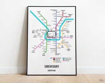Impresión de mapa de metro personalizable de Shrewsbury, Shropshire: regalo de arte mural con mapa callejero de transporte moderno