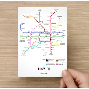 Norwich Norfolk Underground Style Transport Street Map Print Poster A3 A4 Modern GIFT Art A6: 105 x 148mm