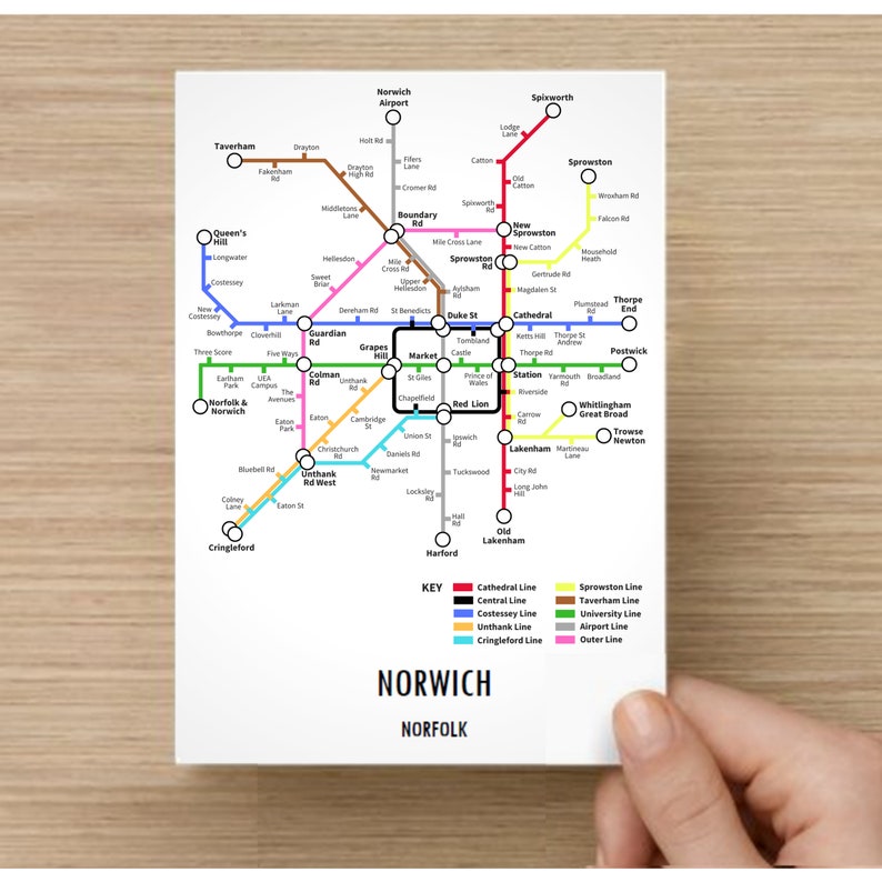 Norwich Norfolk Underground Style Transport Street Map Print Poster A3 A4 Modern GIFT Art A6: 105 x 148mm