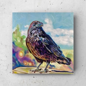 Raven Painting, Oil on 12x12 Inch Wood Panel