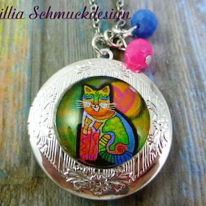 Medaillon bunte Katze auklappbar Kette Edelstahl