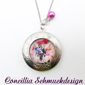 Medaillon aufklappbar Hase rosa mit Blumen an Edelstahlkette