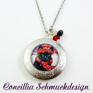 Medaillon schwarze Katze mit rotem Schal Kette Edelstahl