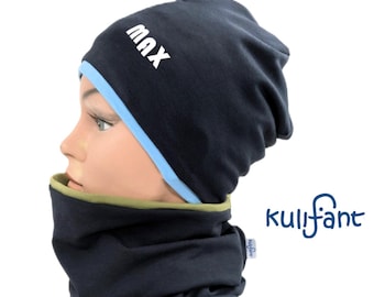 Set Beanie loop Name Beaniemütze Schlauchschal pink lila rosa blau mit Namen Jerseymütze kopfnah Kinder toddler Baumwolljersey kombinierbar