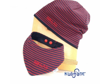 Set Beanie Mütze mit Namen und Dreieckstuch rot blau alle Größen schlicht Kleinkind doppellagig Jungenmütze dunkelblau