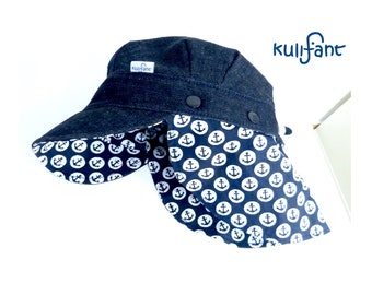 SINGLE PIECE Size 45 cm-49 cm BIODenim summer cap peaked cap denim cap anchor *Louis* with neck protection that can be unbuttoned grows with the child