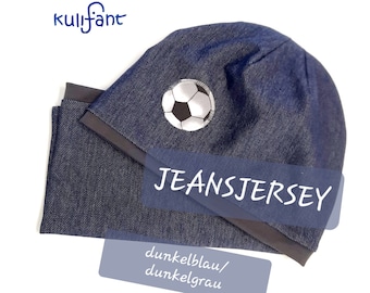 Set beanie hat and loop/tube scarf with football jeans look denim gray all sizes plain football double-layer boys hat dark blue